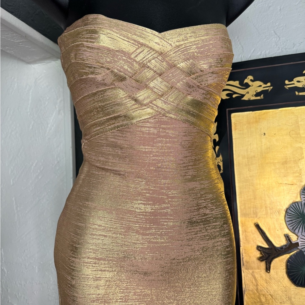 Herve Leger Elegant Gold Strapless Dress